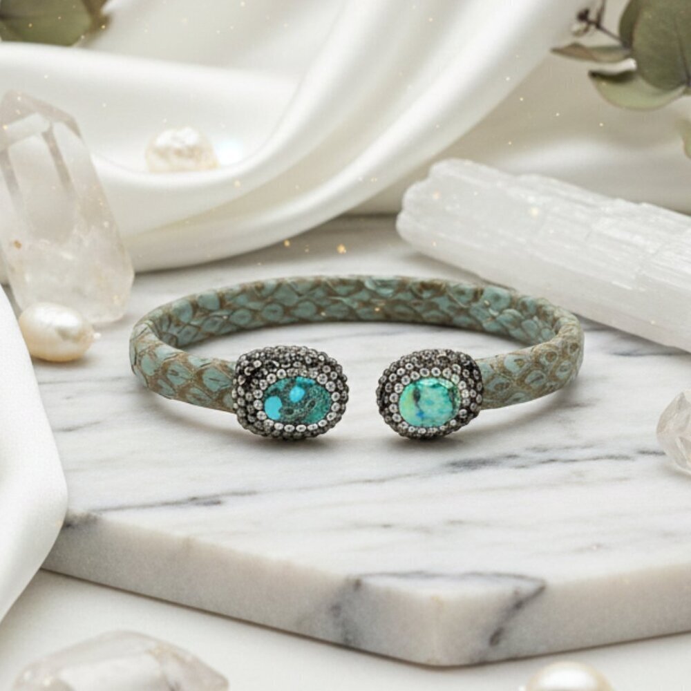 Turkish Artisan Python Leather Cuff Bracelet Natural Turquoise Hematite Crystal